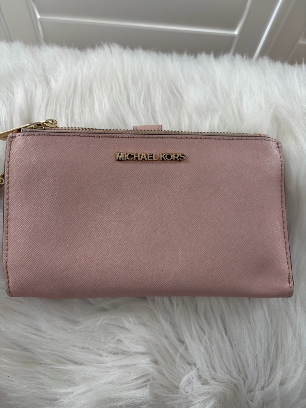 Michael Kors Blush Pink Saffiano Zip Wallet with Gold Logo